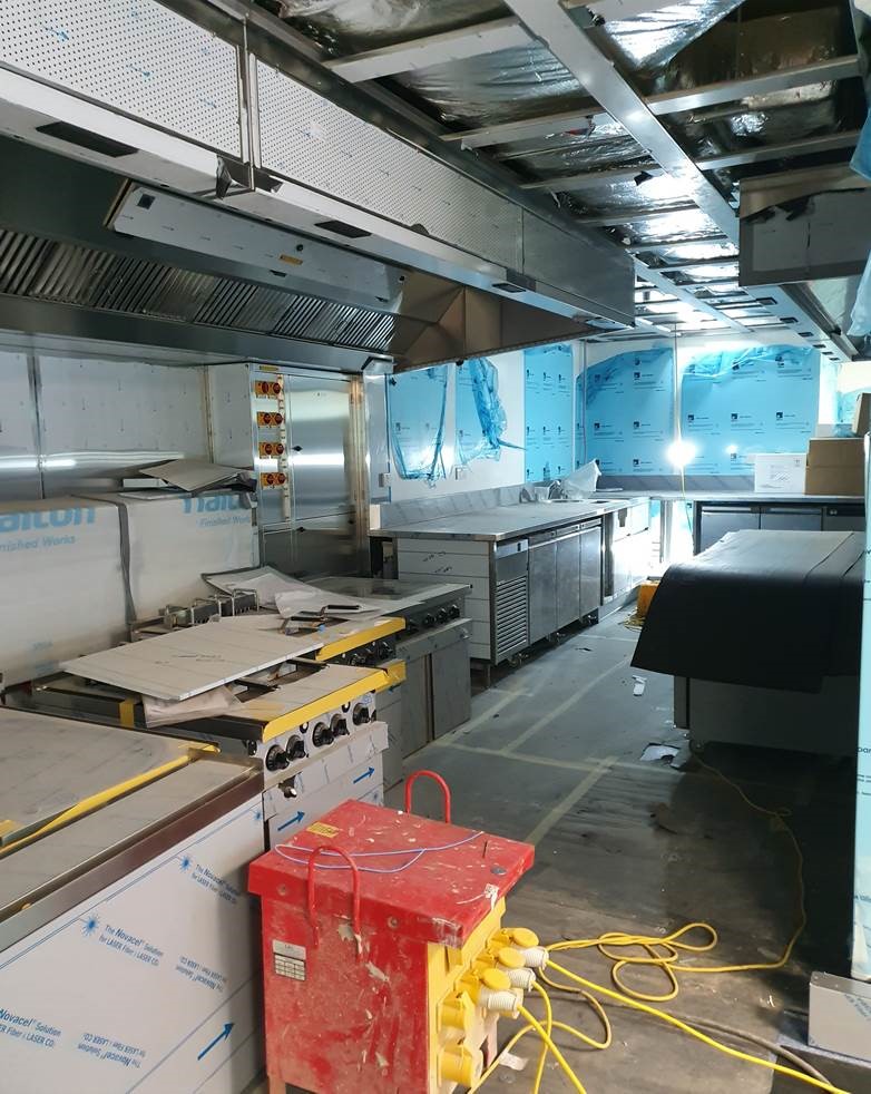 The hot prep kitchen in the new basement, with equipment in situ ready to be installed